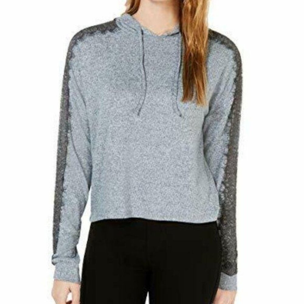 Ultra Flirt Size M Celestial Heather‎ Gray Lace Trimmed Sleeve Pullover Hoodie